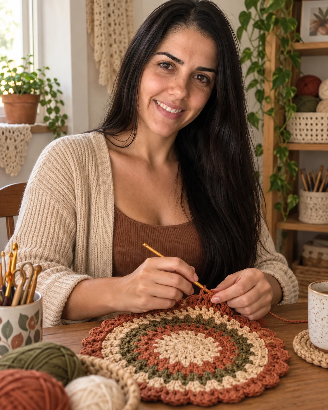 Helena trabajando en una pieza de crochet en su atelier